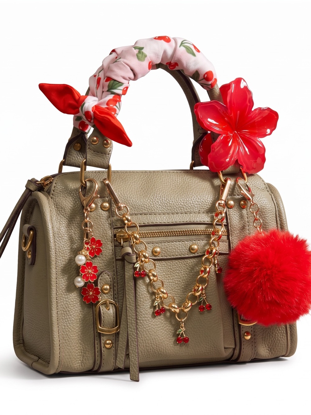 Taupe Satchel with Red Floral Charms and Pom-Pom